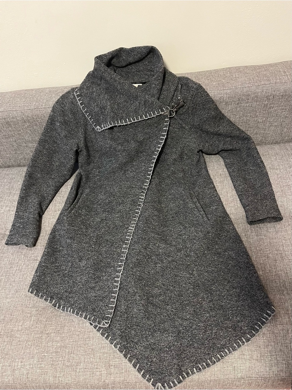 Garnet Hill Charcoal Gray Asymmetric Wrap Coat with Buckle Size 6